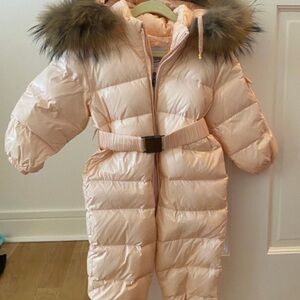 MI LOVES SIGNATURE LUXURIOUS RACOON
FUR TRIM SNOWSUIT in pink/peach